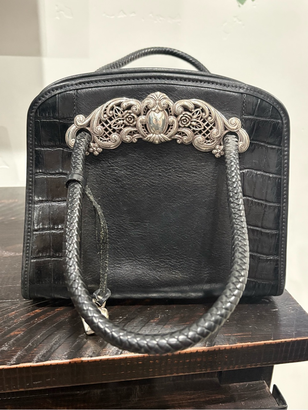 Brighton Black Leather Handbag with Croc-Embossed and Silver Filigree